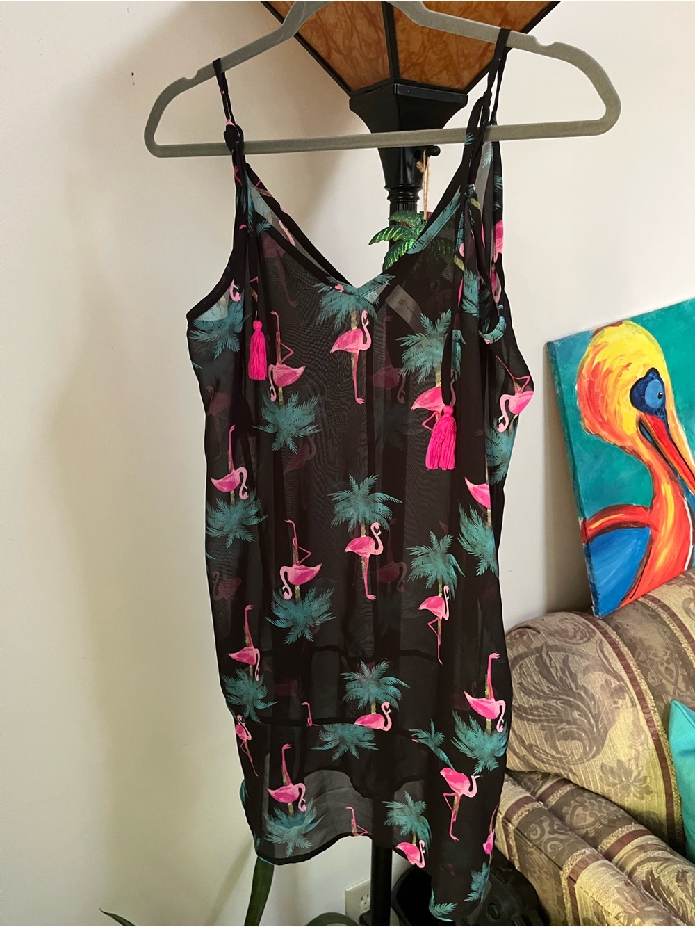 No Boundries Pink Flamingo & Palm Trees Sheer Cover Up Lg